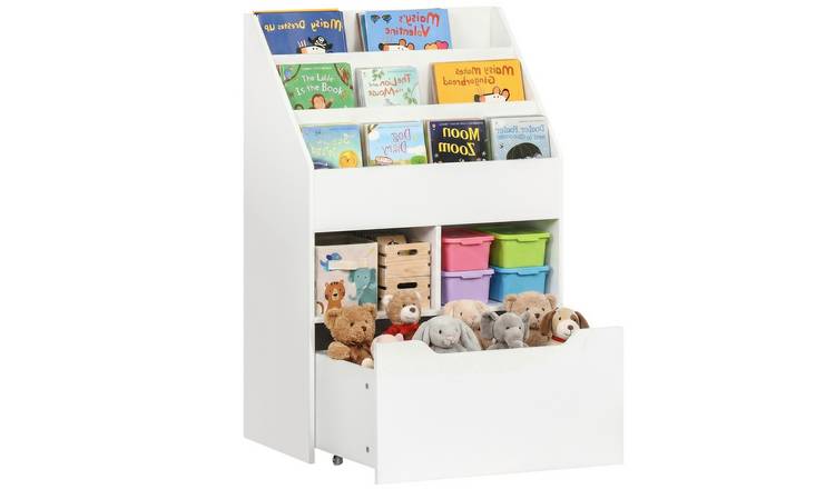 HOMCOM Montessori-Inspired Kids Bookshelf with Wheels Drawer for Bedroom - White