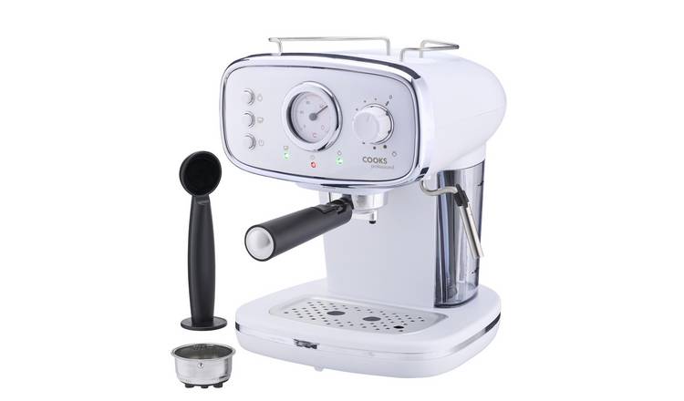 Cooks Professional Retro Espresso Machine 1.2L with Steam Wand - White/Silver