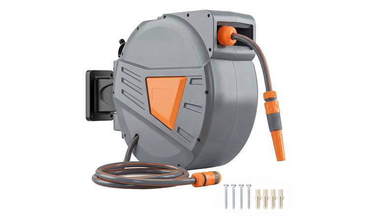Outsunny Wall-Mounted Retractable Garden Hose Reel - Orange