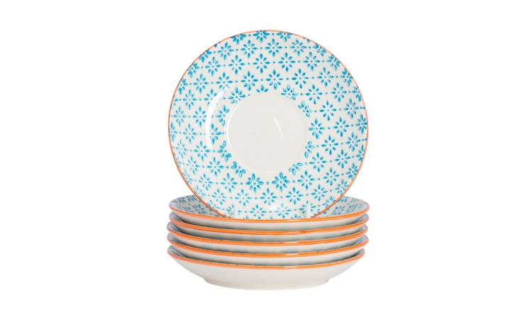Nicola Spring Hand-Printed Cappuccino Saucers - Blue - Pack of 12