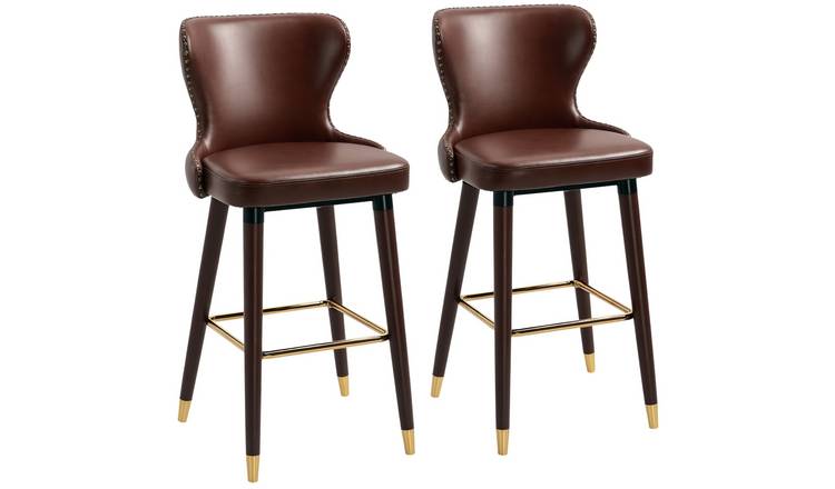 HOMCOM Set of 2 PU Leather Bar Stools with Backrest and Solid Wood Legs - Brown