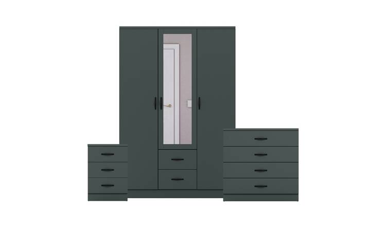 Vida Designs Riano Bedroom Set (Bedside, 4 Drawer Chest, Mirror Wardrobe)- Green