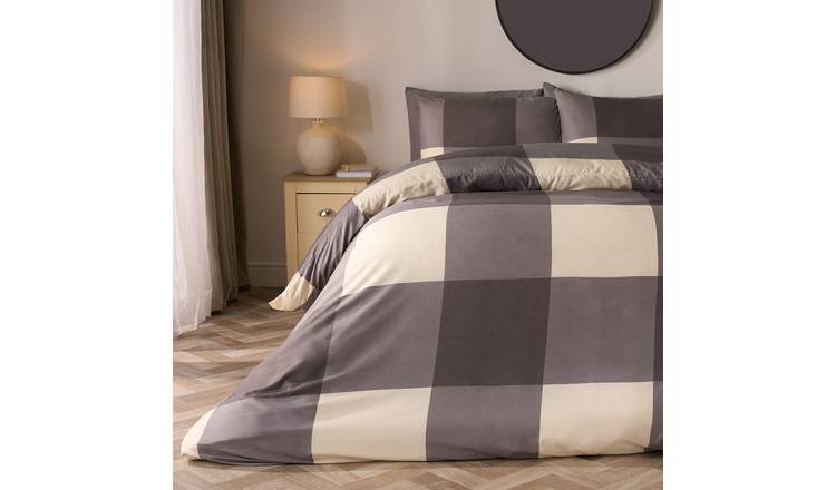 OHS Gingham Check Duvet Cover Set Grey - Double