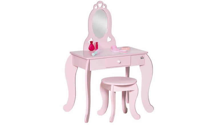 HOMCOM 2-Piece Wooden Girls Dressing Vanity Set with Mirror - Pink