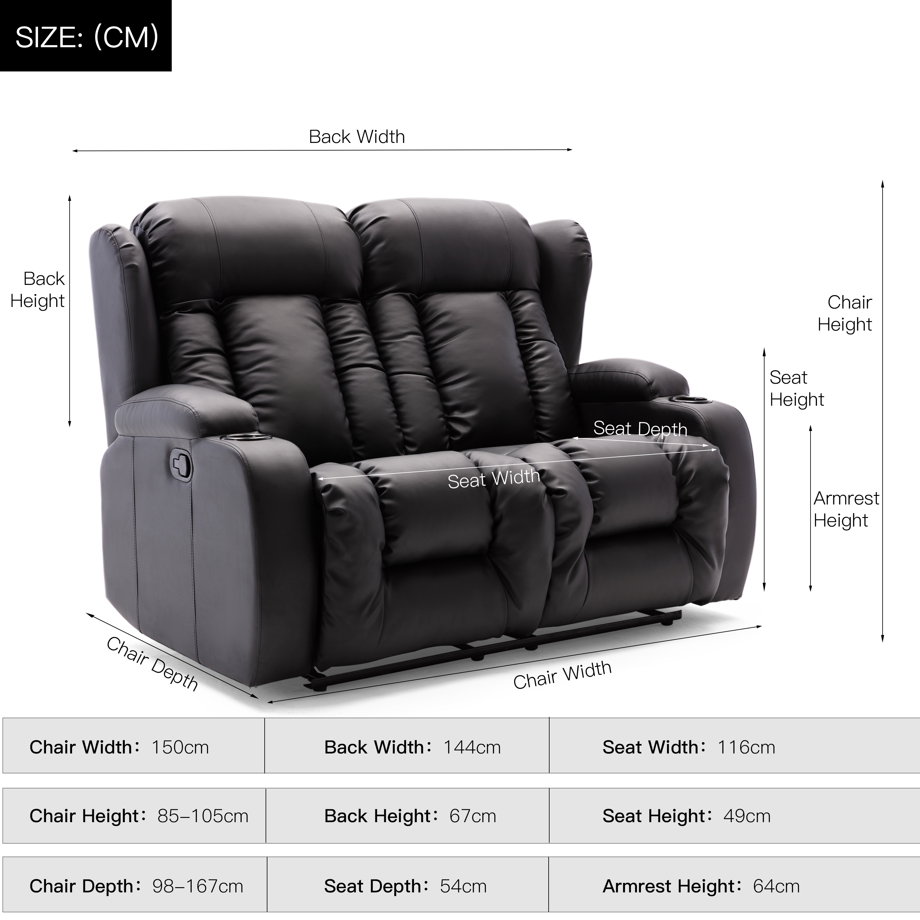 Furniture Online Caesar Manual Recliner 2 Seater Leather Sofa – Black - Image 5