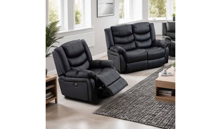 Furniture Online Seattle Manual Recliner Leather 1+2 Seater Sofa Set - Black