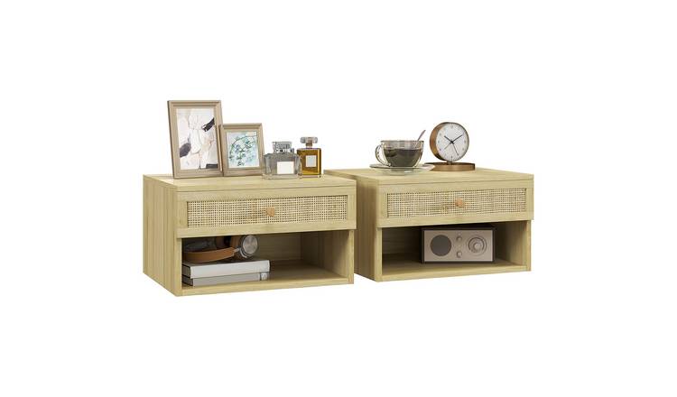 HOMCOM Set of 2 Floating Bedside Tables with Rattan Drawer - Nature Wood Finish