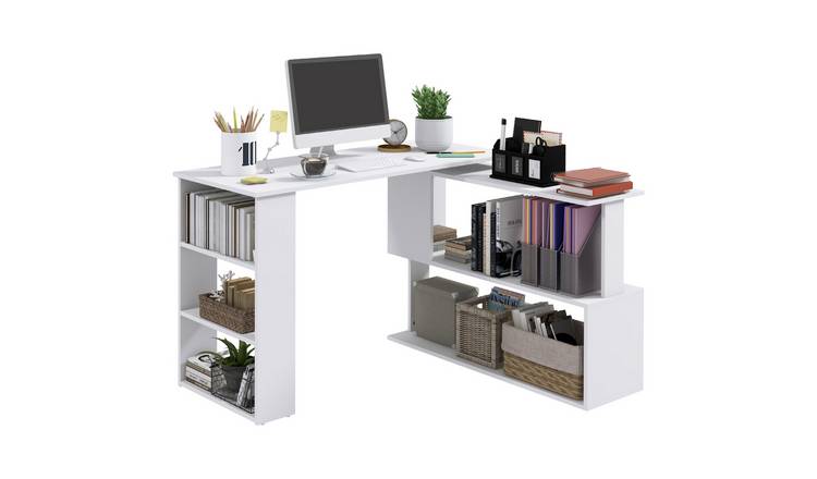 HOMCOM Rotating Corner Computer Desk with Shelves - White