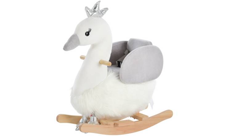 HOMCOM Plush Swan Sound Wood Base Seat Belt Toddler Rocking Horse - White