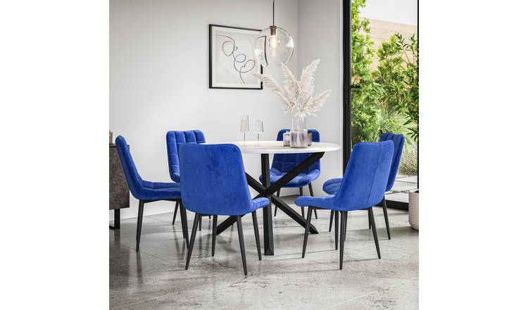 Furniture Online Malvern Nova Marble Top Dining Table & 6 Blue Chairs