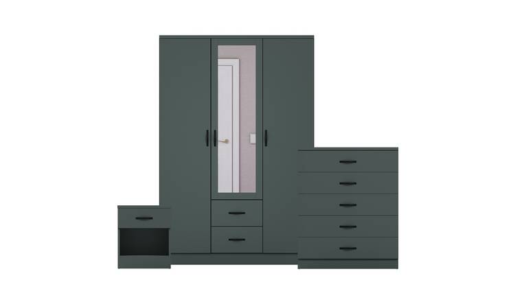 Vida Designs Riano Bedroom Set (Bedside, 5 Drawer Chest, Mirror Wardrobe)- Green