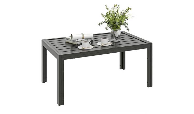 Outsunny Steel Garden Side Table with Slat Tabletop - Grey Wood