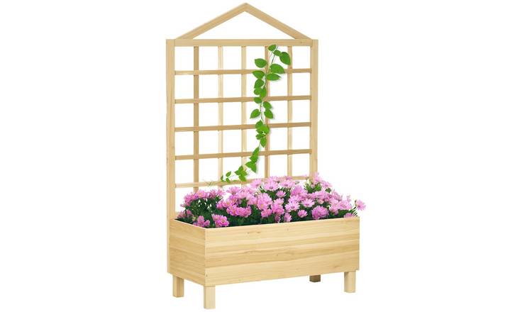 Outsunny Wooden Garden Raised Planters with Trellis - Natural Wood