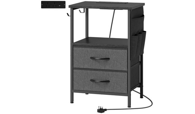 HOMCOM Slim Charging Side Table with USB C 2 Drawers Hooks and Pouch - Black