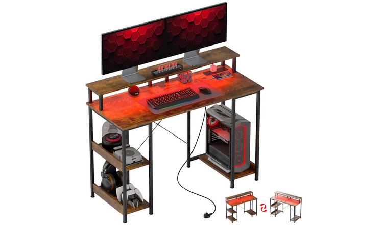 HOMCOM Reversible Computer Desk with Power Outlets - Rustic Brown