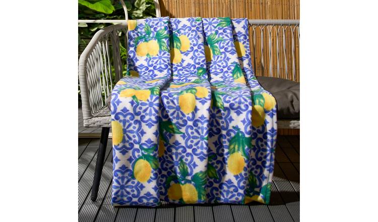 OHS Lemon Print Polar Fleece Blanket Throw 120 x 150cm - Yellow/Blue