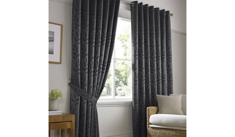 Luxury Living Jacquard Leaf Lined Eyelet Curtains 168cm x 183cm - Charcoal