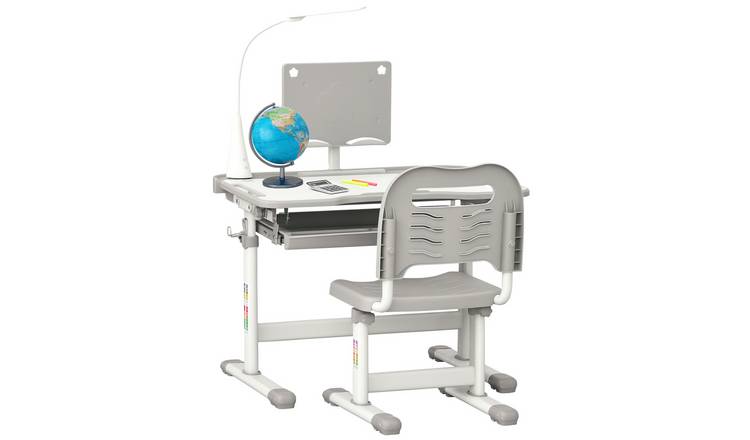 HOMCOM Height Adjustable Tiltable Lamp Drawer Kids Desk Chair Set - Grey