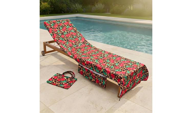 OHS Cherry Print Leopard Microfibre Beach Towel in a Bag - Natural