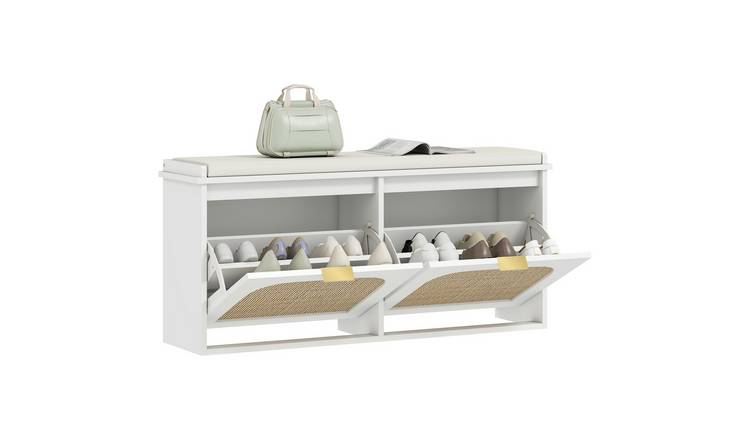 HOMCOM Narrow Shoe Bench with 2 Flip-Drawer and Rattan Door - White