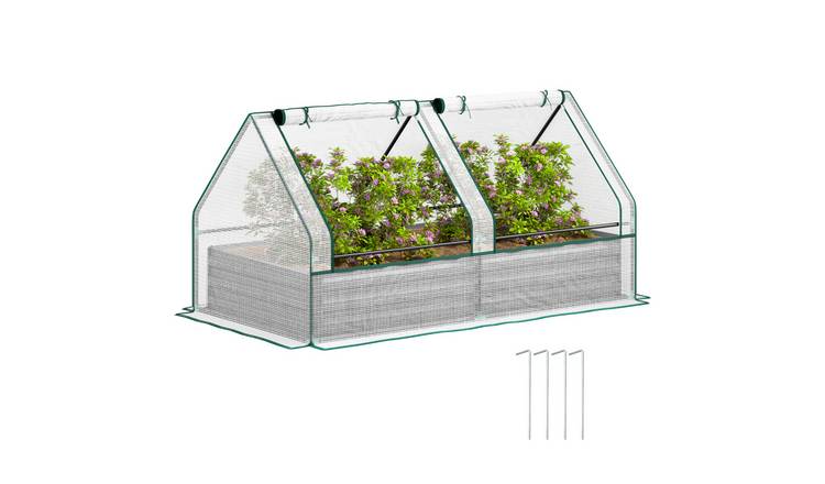 Outsunny Metal Raised Garden Bed with Mini Greenhouse - White and Dark Grey