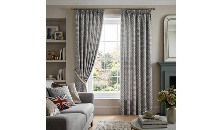 Luxury Living Geometric Lined Pencil Pleat Taped Curtains 117cm x 229cm - Silver