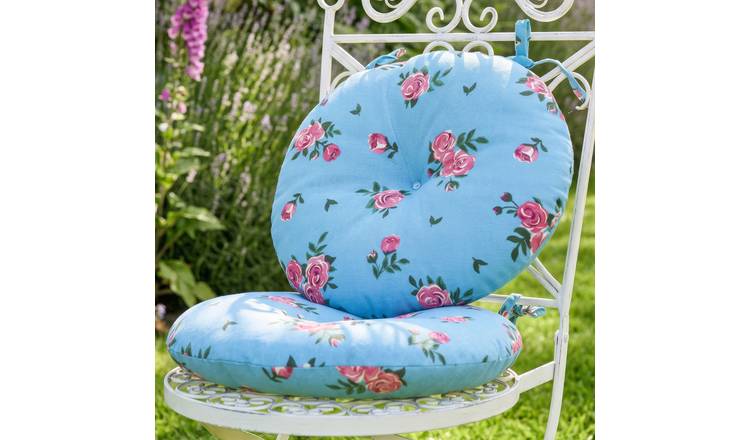 Dibor Set of 4 Blue Rose Round Outdoor Garden Chair Cushion Seat Pads - Blue