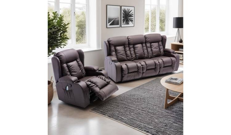 Furniture Online Caesar Manual Recliner Leather 1+3 Seater Sofa Set - Brown