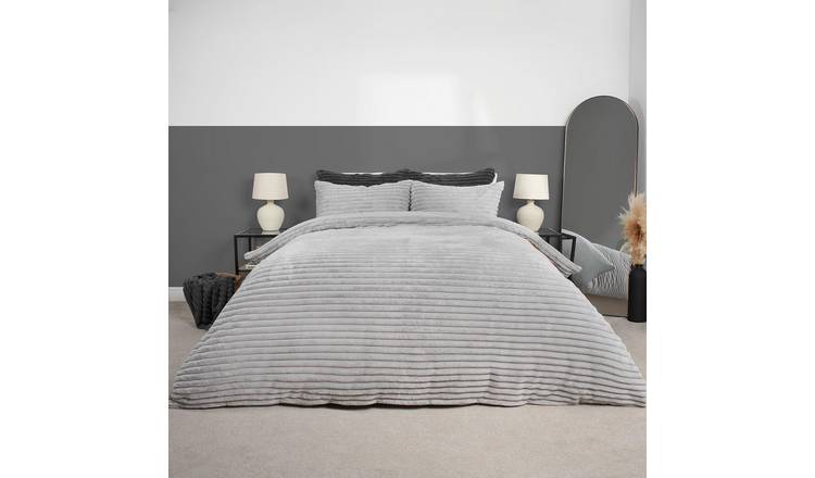 OHS Ribbed Duvet Cover Faux Fur Winter Warm Bedding Set Silver - Super King