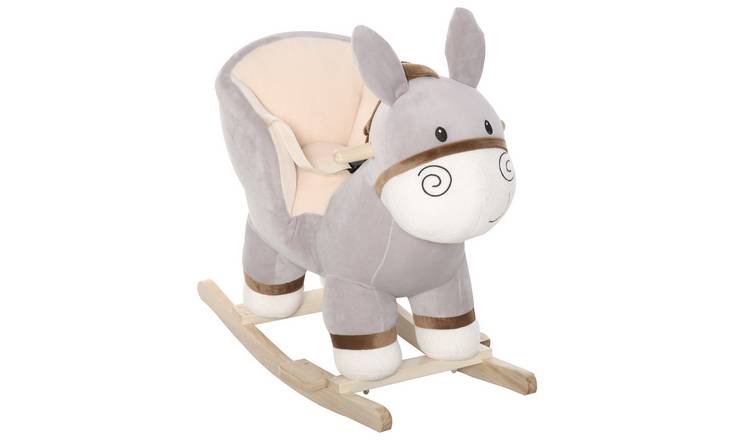 HOMCOM Plush Donkey Sound Wood Base Seat Belt Toddler Rocking Horse - Grey
