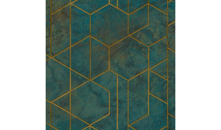 Grandeco Grand Onyx Marble Geometric Textured Wallpaper - Teal Green