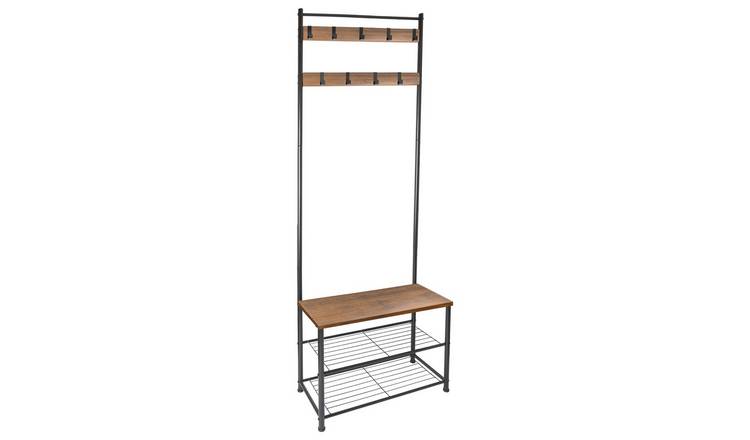 Harbour Housewares Square Steel Coat Rack with Shoe Storage Bench - Black/Brown