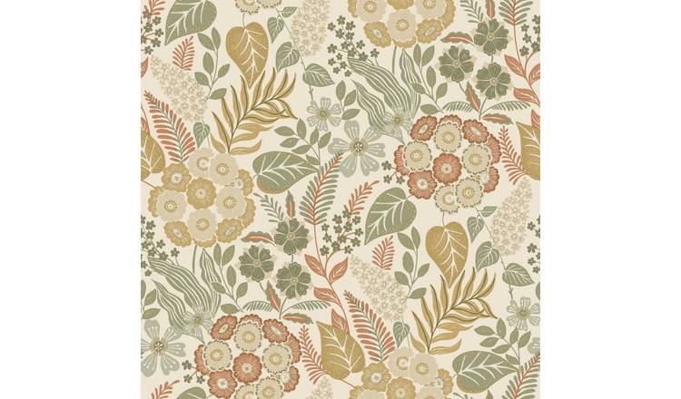 Grandeco Alice Retro Mid Century Floral Textured Wallpaper - Green Orange