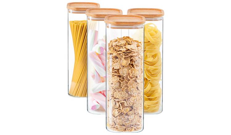 Argon Tableware Square Glass Storage Jars with Wooden Lids - Pack of 4 - 2200ml