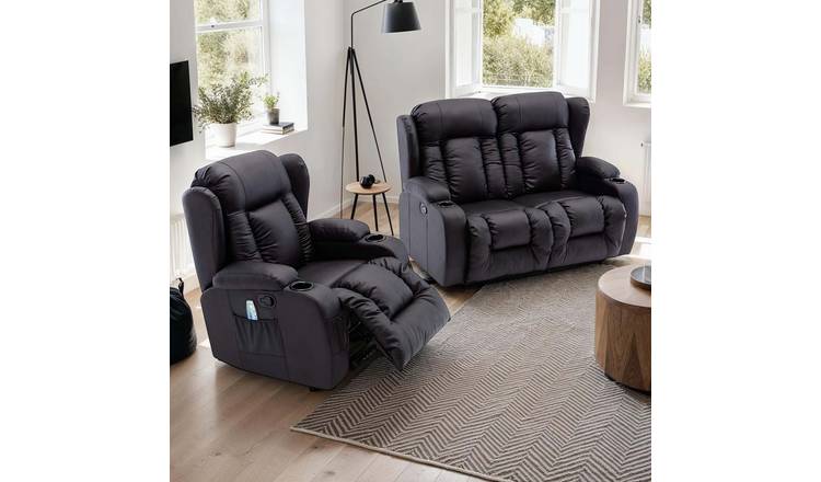 Furniture Online Caesar Manual Recliner Leather 1+2 Seater Sofa Set - Black