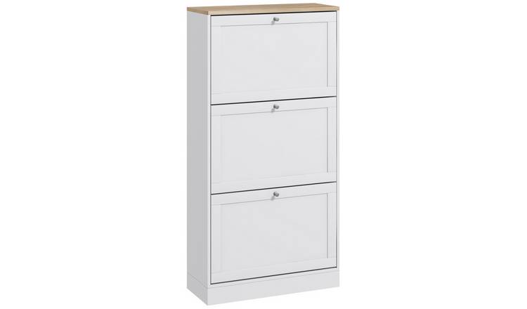 HOMCOM Narrow Shoe Storage Cabinet with 3 Flip Drawers- White and Oak