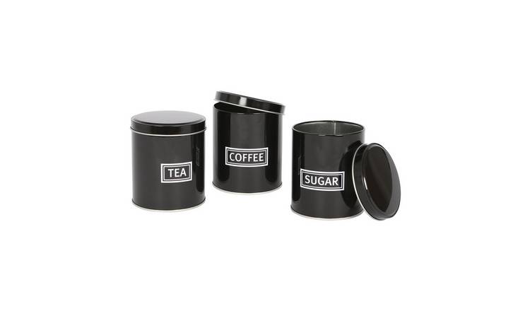 Harbour Housewares 3pc Round Metal Tea Coffee Sugar Canister Set - Black