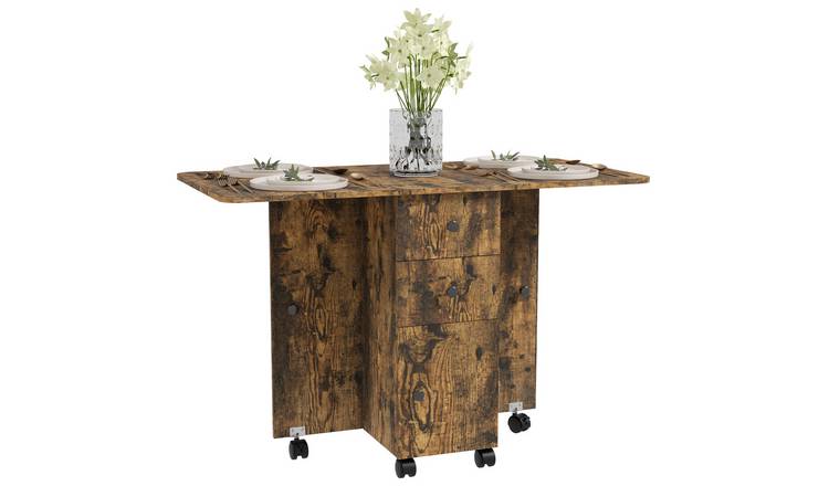 HOMCOM Rolling Drop Leaf Table on Wheels with Drawers - Rustic Brown