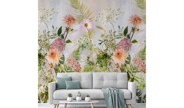 Grandeco Meadow Floral 3 Lane Repeatable Textured Wallpaper Mural  - Green