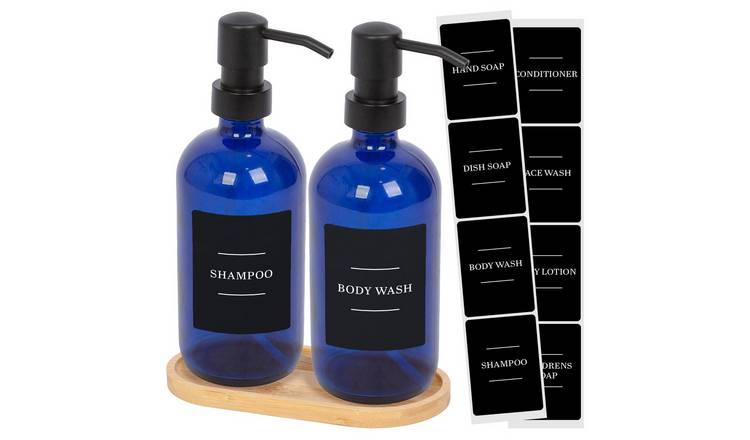 Harbour Housewares 2pc Soap Dispenser Set & Labels  - Blue/Black - 500ml