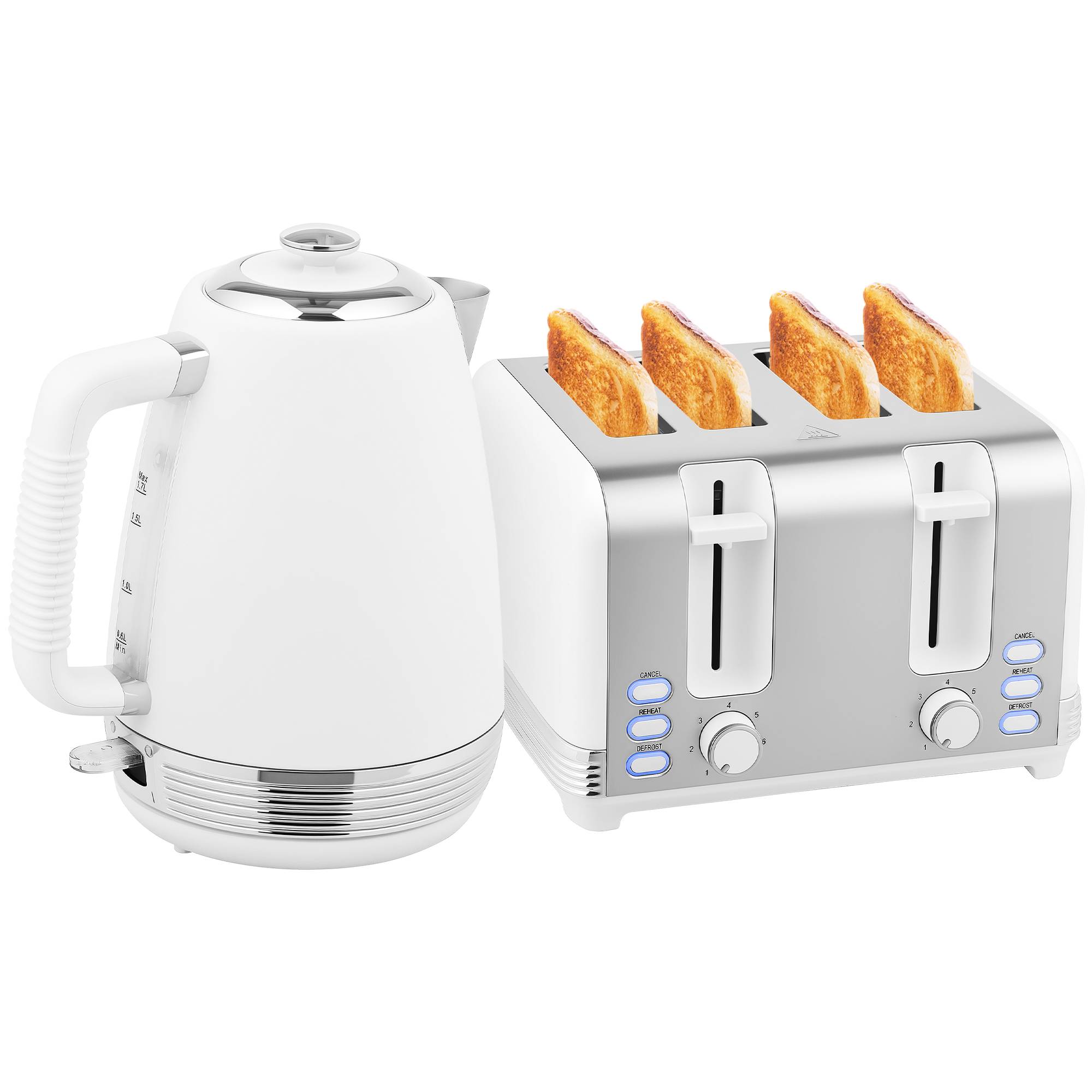 HOMCOM Stainless Steel Kettle and 4 Slice Toaster Set - White and Silver Tone - Image 1
