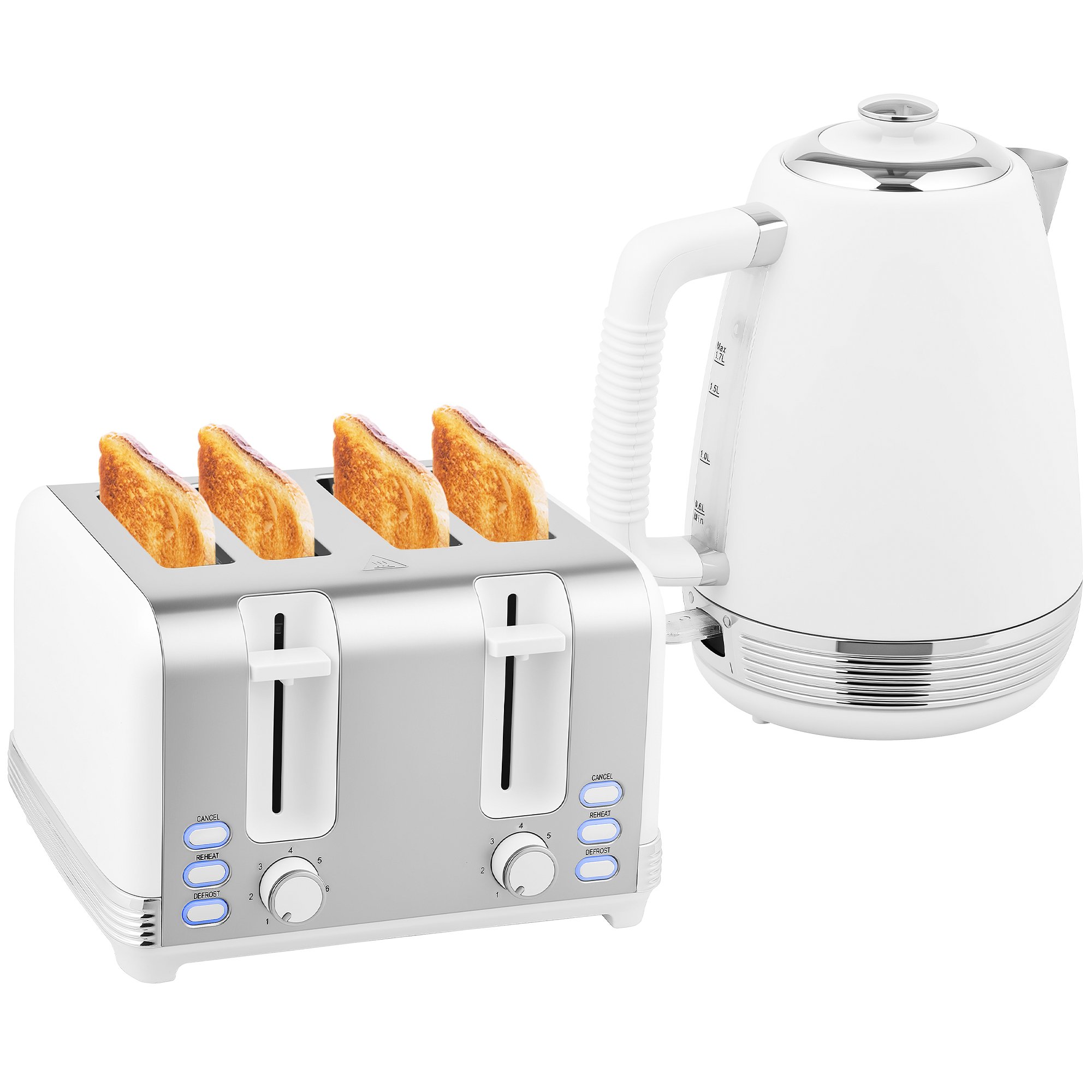 HOMCOM Stainless Steel Kettle and 4 Slice Toaster Set - White and Silver Tone - Image 2