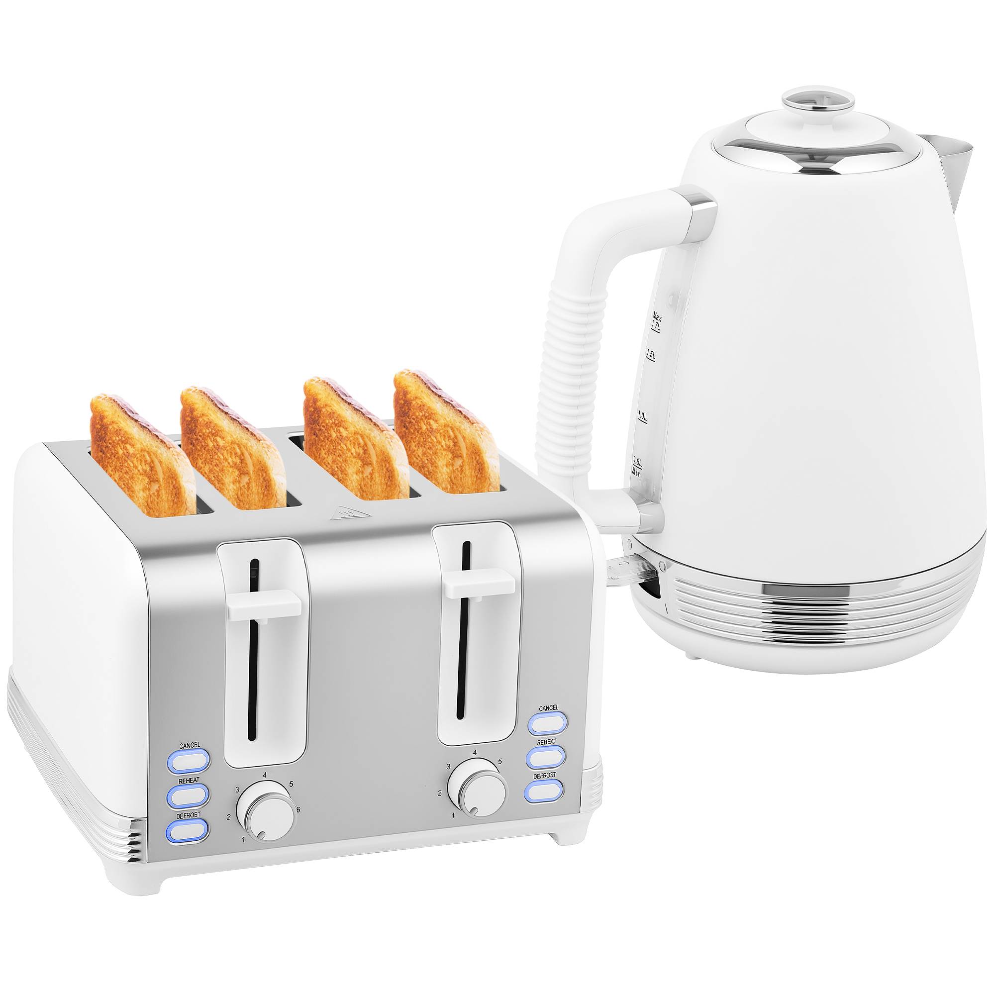 HOMCOM Stainless Steel Kettle and 4 Slice Toaster Set - White and Silver Tone - Image 2