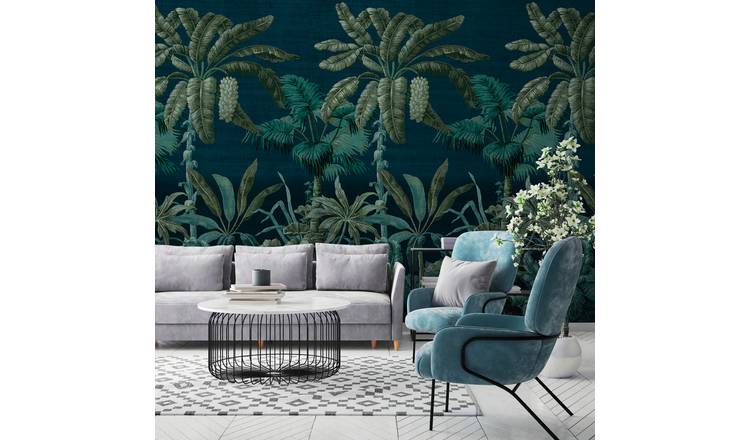 Grandeco Botanical Palm Leaves 3 lane Repeatable Wallpaper Mural  - Blue