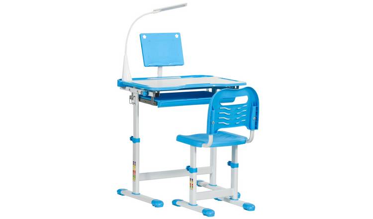 HOMCOM Height Adjustable Tiltable Lamp Drawer Kids Desk Chair Set - Blue