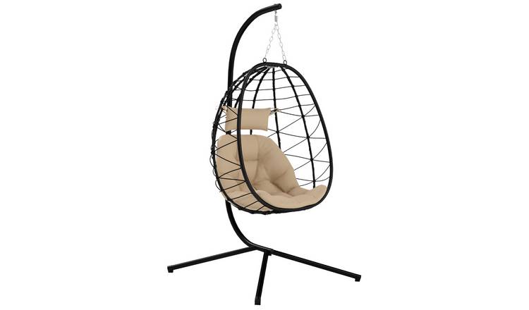 Outsunny Folding Rope Hanging Egg Chair with Stand - Khaki