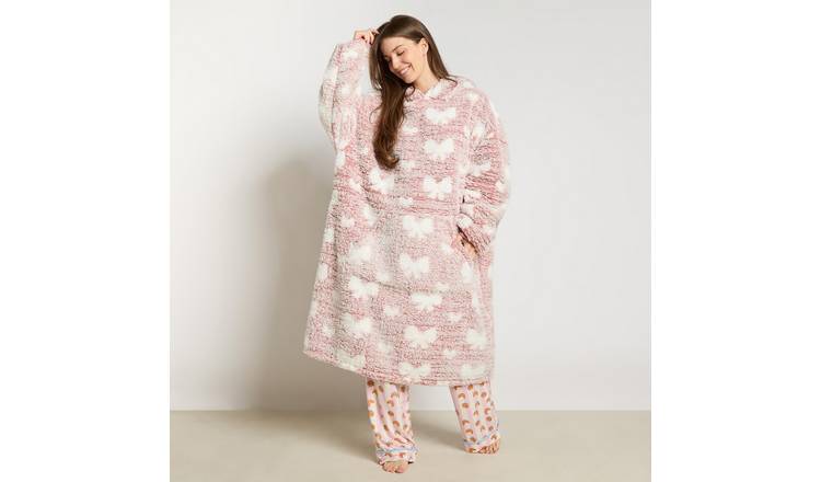 OHS Bow Print Teddy Marl Hoodie Blanket - Extra Long - Blush
