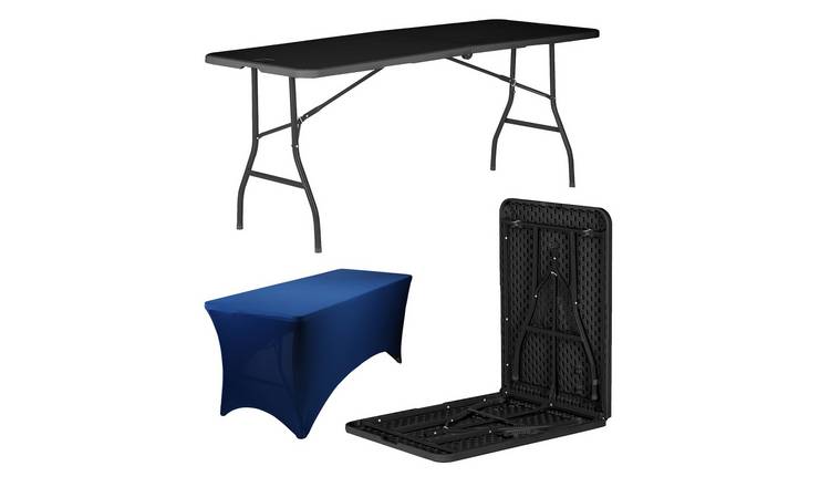 Harbour Housewares Folding Table with Fitted Tablecloth - Black/Blue