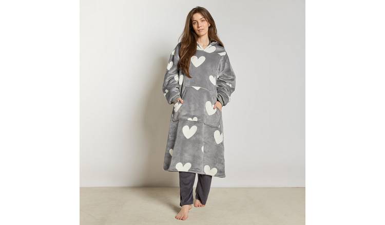 OHS Heart Print Extra Long Hoodie Blanket - One Size - Charcoal