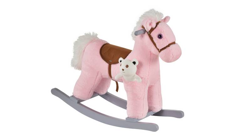 HOMCOM Plush Realistic Sounds Toddler Rocking Horse - Pink